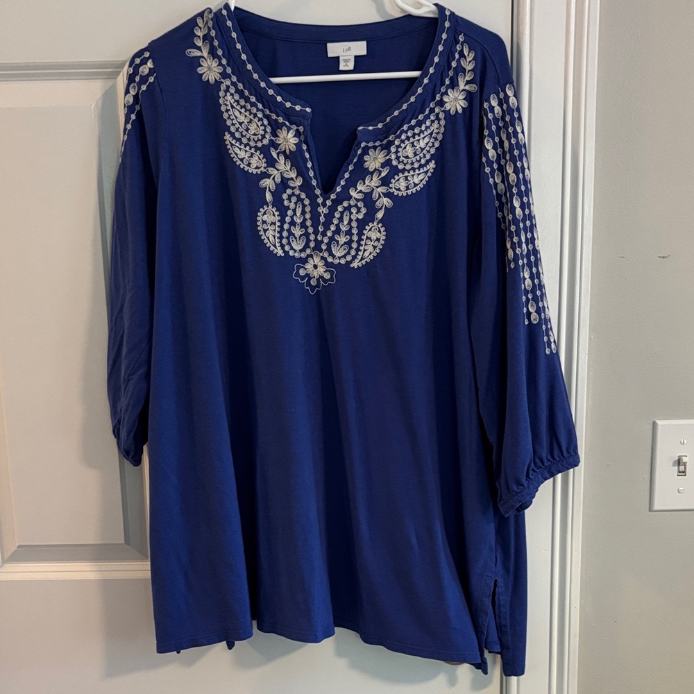 J. Jill Royal Blue Blouse with White Embroidery